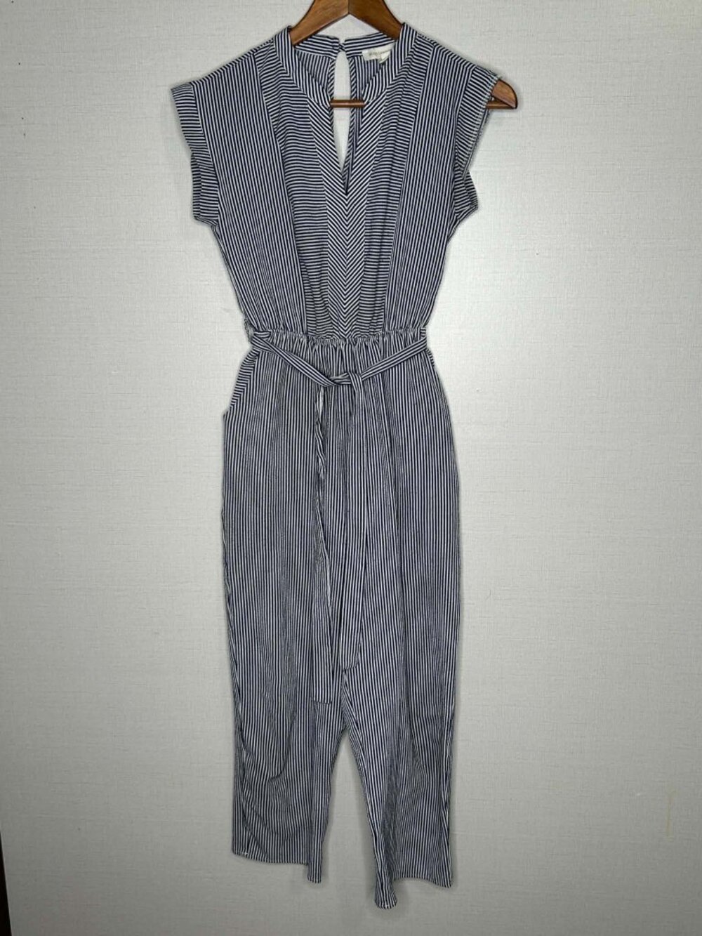 Monteau Los Angeles Navy White Striped Wrap Jumpsuit XS Snags